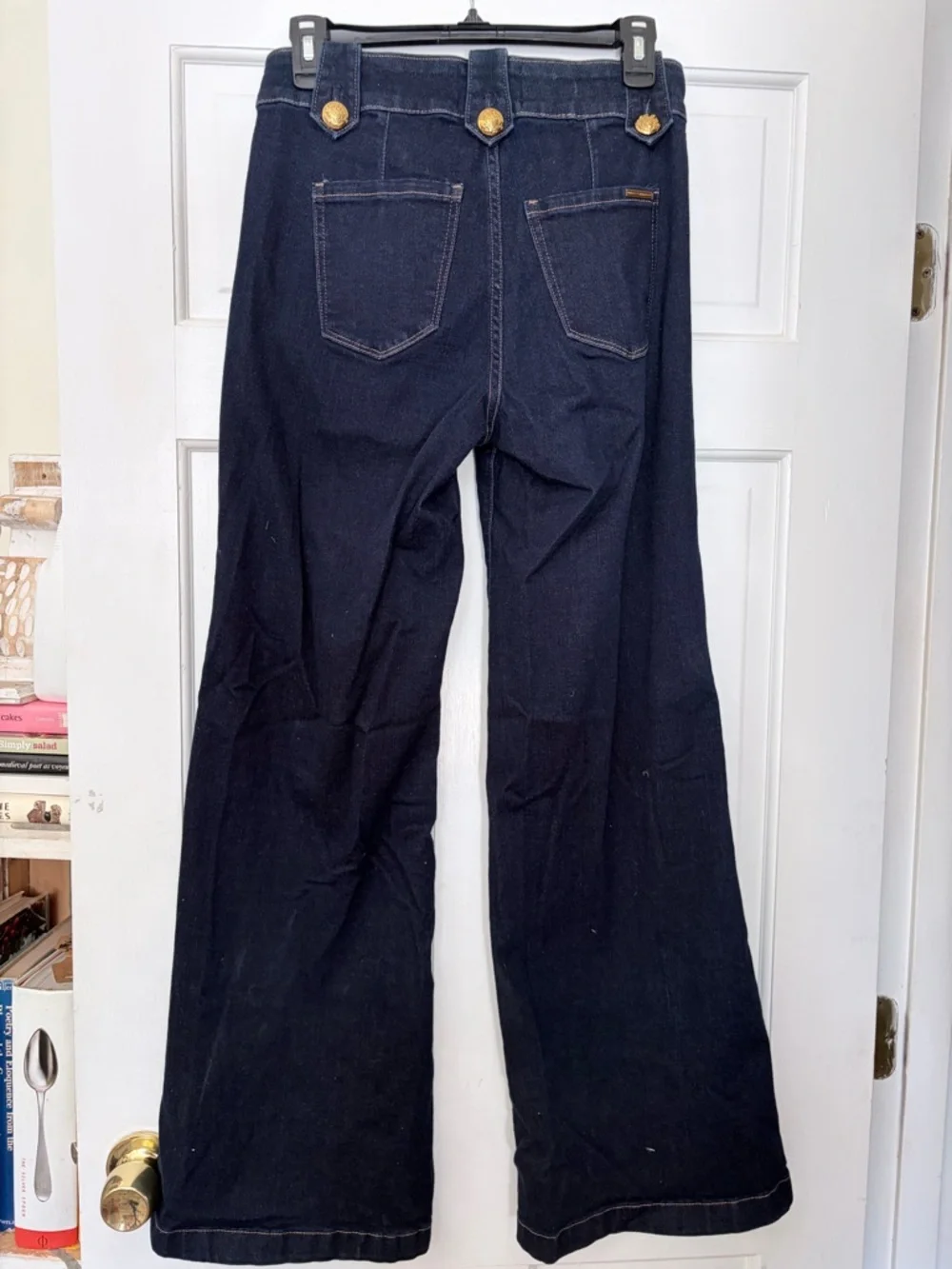 White House Black Market Navy Wide-Leg Jeans with Gold Buttons - Picture 3 of 5